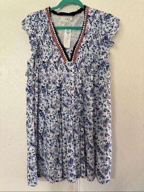 THML Blue & White Floral Mini Dress with Contrasting Trim